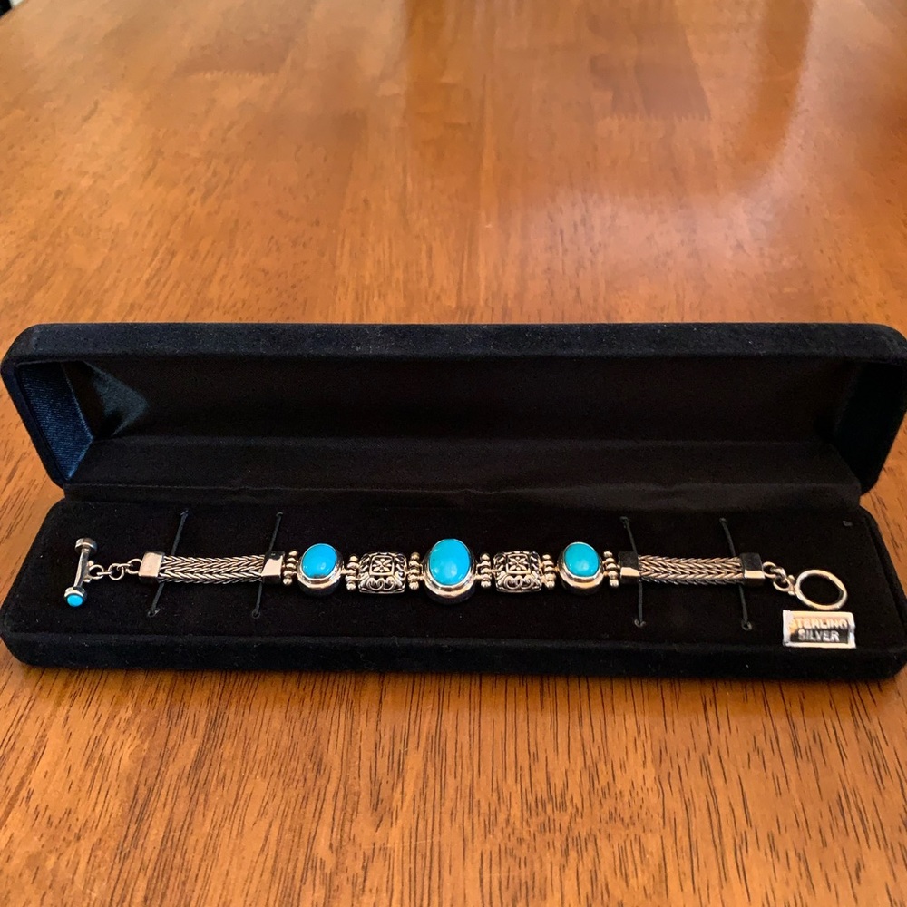 Natural Turquoise and Sterling Silver Square Beads Toggle Bracelet